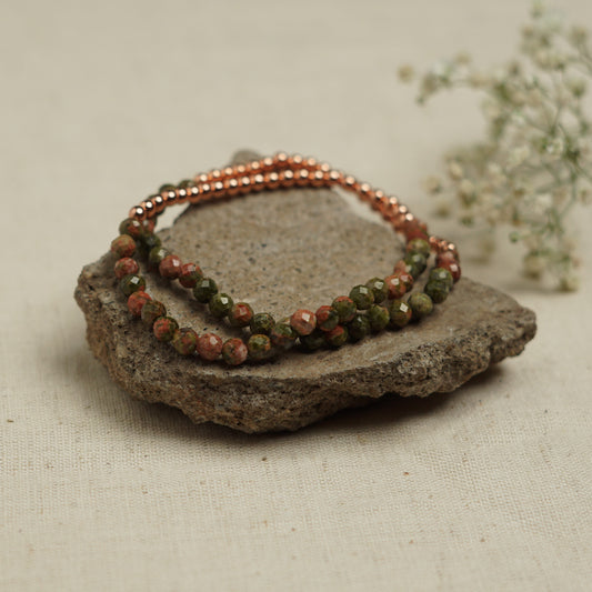 Dainty Copper Bracelet with Faceted Unakite Beads - Stretchy and Stackable