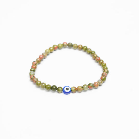 Natural Unakite stretchy Bracelets with an evil eye bead