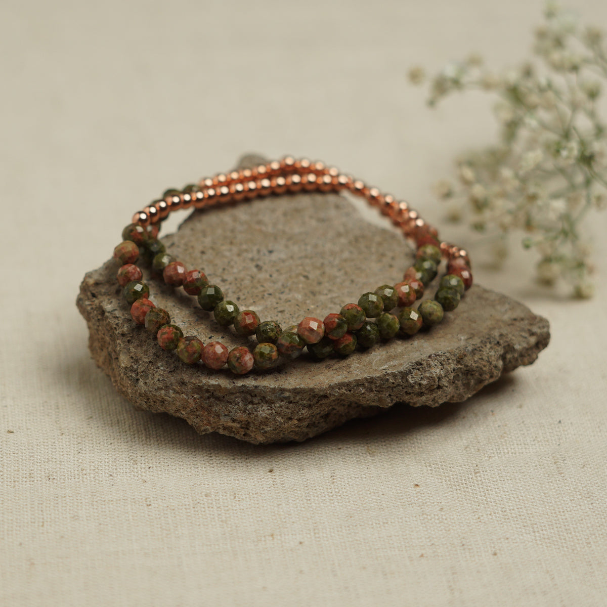 Dainty Copper Bracelet with Faceted Unakite Beads - Stretchy and Stackable