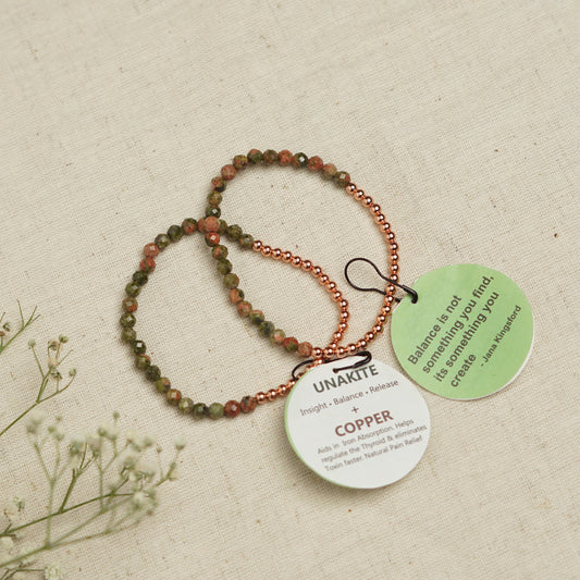 Dainty Copper Bracelet with Faceted Unakite Beads - Stretchy and Stackable