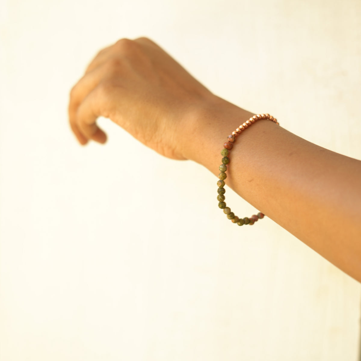 Dainty Copper Bracelet with Faceted Unakite Beads - Stretchy and Stackable