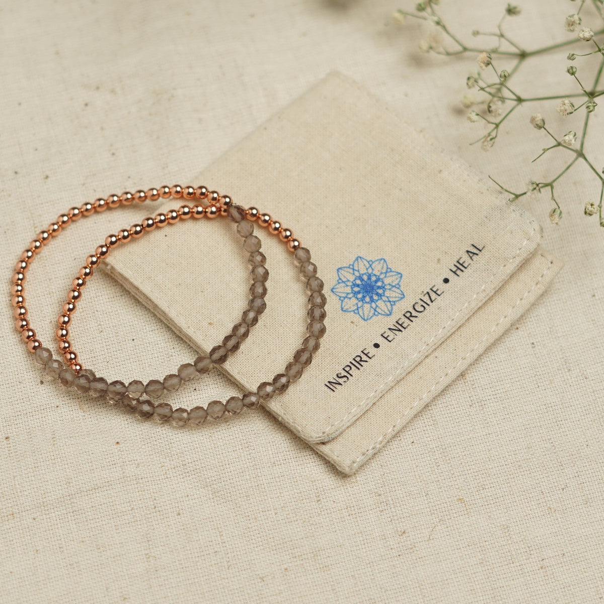 Dainty Copper Bracelet with Faceted Smoky Quartz Beads - Stretchy and Stackable