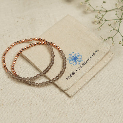 Dainty Copper Bracelet with Faceted Smoky Quartz Beads - Stretchy and Stackable