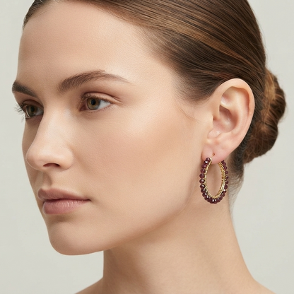 Garnet Beaded Earrings Hoops