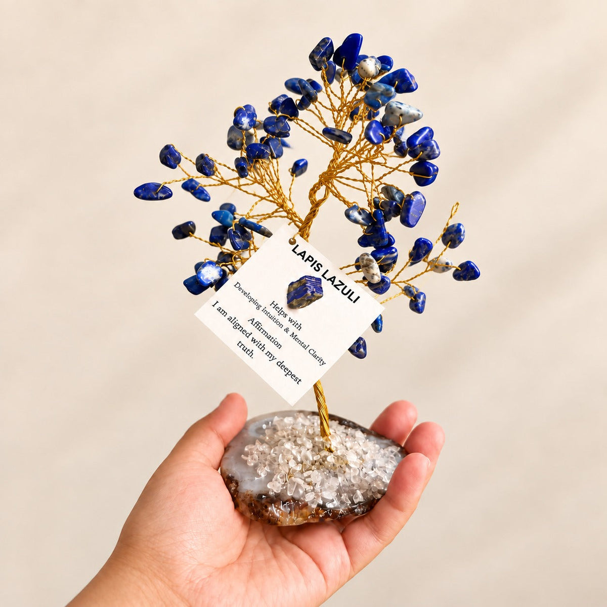 Lapis Lazuli & Agate Golden Wire Crystal Tree – 100 Beads | 7–8 Inch Handmade Tree of Life | Home and Desktop Decor