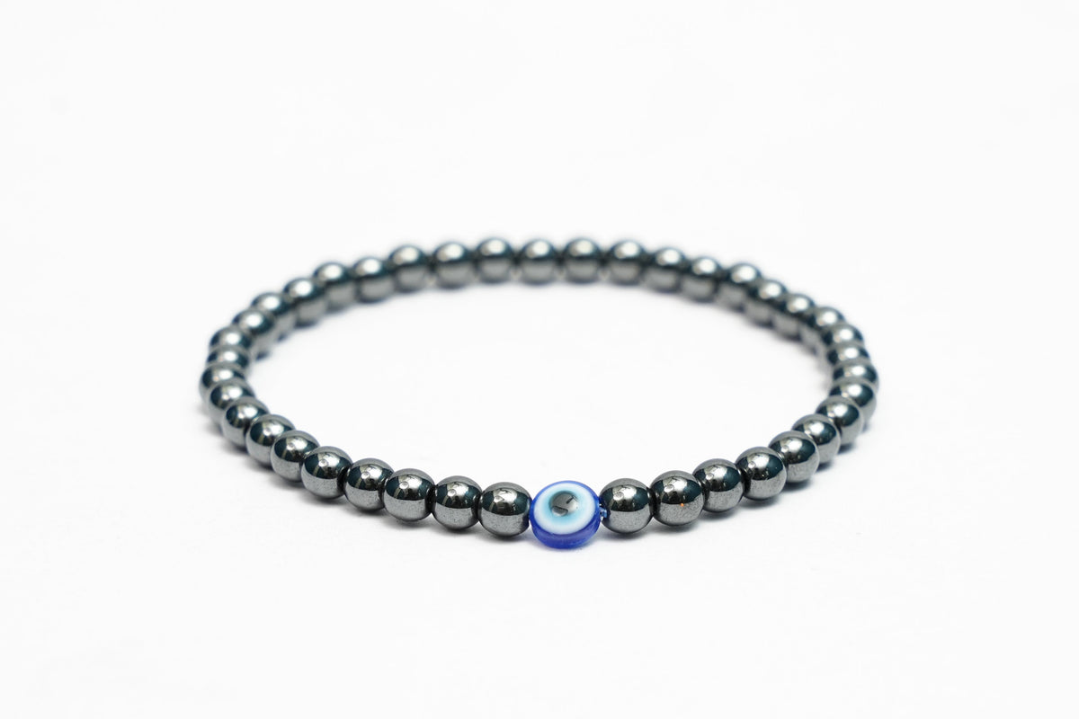 Natural Hematite stretchy Bracelets with an evil eye bead