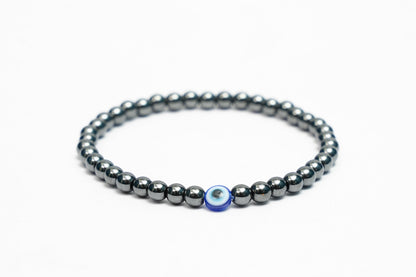 Natural Hematite stretchy Bracelets with an evil eye bead