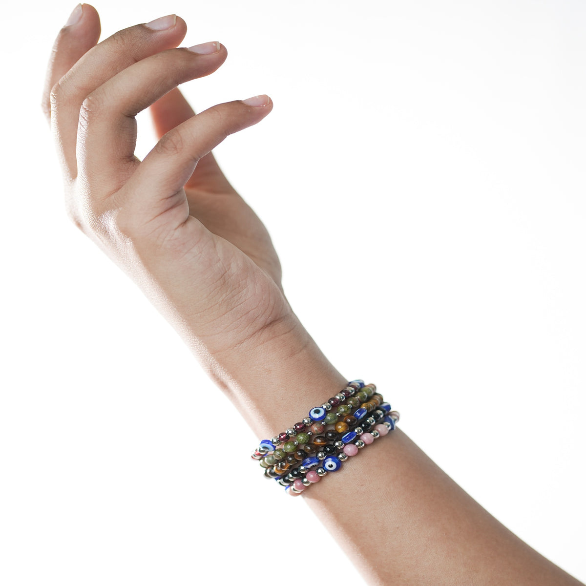Natural Unakite stretchy Bracelets with an evil eye bead