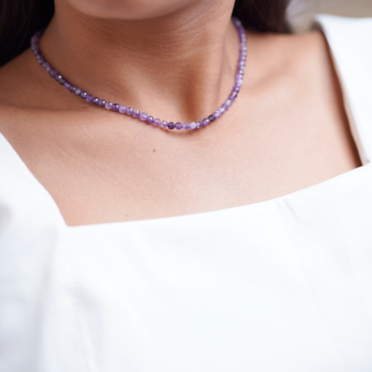 Dainty Faceted Amethyst Necklace - 4mm Natural Gemstones & Sterling Silver Clasp