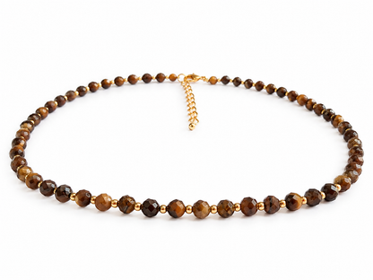 Dainty Faceted Tiger's Eye Necklace - 4mm Natural Gemstones & 18K Gold Plated Chain Anti-Tarnish | Shiny Gold beads