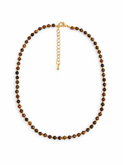 Dainty Faceted Tiger's Eye Necklace - 4mm Natural Gemstones & 18K Gold Plated Chain Anti-Tarnish | Shiny Gold beads