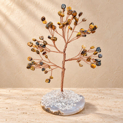 Tiger's Eye & Agate Copper Crystal Tree – 100 Beads | Handmade Home and Desktop Decor