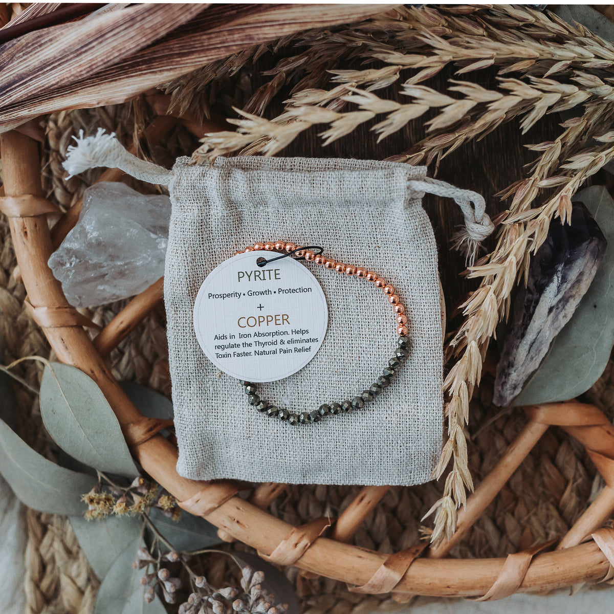 Dainty Copper Bracelet with Faceted Pyrite Beads - Stretchy and Stackable