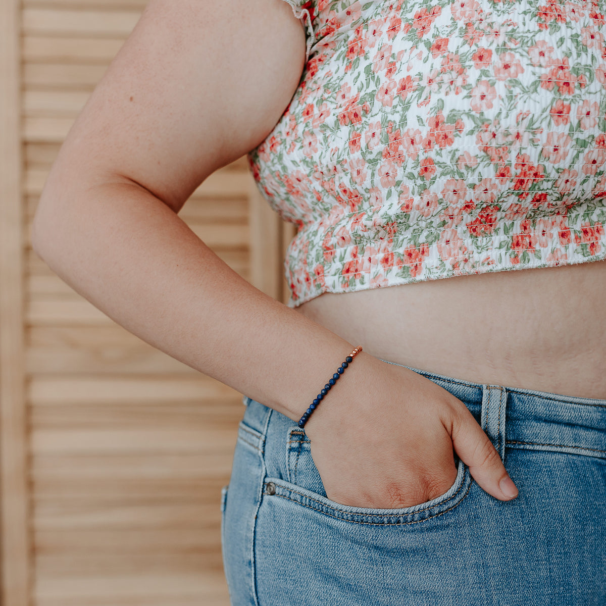 Dainty Copper Bracelet with Faceted Lapis Lazuli Beads - Stretchy and Stackable